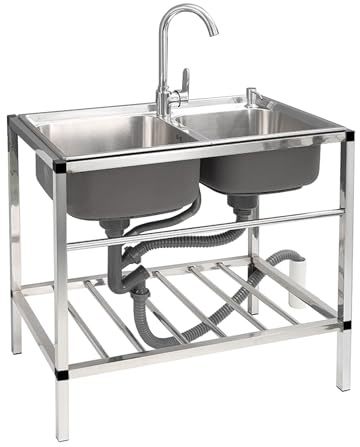 Lavabo grande per postazione di lavoro indipendente, Lavabo cucina in acciaio inox, Lavabo di servizio commerciale a 2 scomparti, Lavamani a doppia vasca con rubinetto e piastra deflettrice