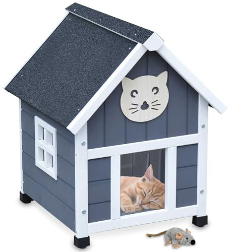 zooprinz Holz Katzenhaus im skandinavischen Look – Katzenkiste mit Dach aus Bitumen – Wetterfest in grau-weiß lasiert für Garten/Balkon – Innen- und Draußen Hütte – Katzenbox Plus Plüschmaus