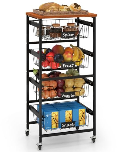 COSTWAY Servierwagen mit Rollen, Gemüseregal mit ausziehbaren Körben & Kreideschildern & Holzplatte, Rollwagen mit 5 Etagen, Snackwagen für Obst Gemüse, für Küche Esszimmer (42 x 31 x 89 cm)