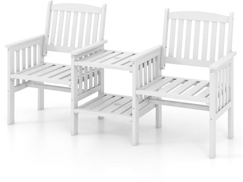 GOPLUS Gartenbank mit integriertem Tisch, 2-Sitzer, robuste Holzbank mit 2 Ebenen Tisch & Schirmloch, Sitzbank aus natürlichem Tannenholz für Terrasse, Balkon, Garten, Pool, 165 × 60 × 88 cm (Weiß)