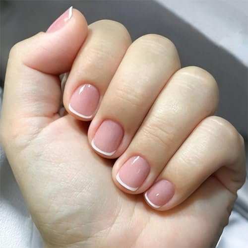 Press on Nails 24pcs, False Nails Nude Pink, Stick on Nails in 12 Sizes, Short False Nail Square, French Tip False Nails Reusable, Stick on Nail for Women