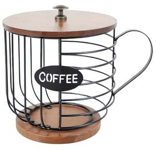 Uclac Porta cialde con base e coperchio in legno, cestino rotondo per tazze, cialde di caffè, supporto per capsule Nespresso in ferro nero, per piano di lavoro della cucina, organizer per stazioni di