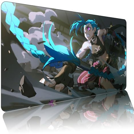 League of Legends Jinx Tapis de souris de jeu, grand tapis de souris XXL, 900 x 400 mm, dessous en caoutchouc antidérapant et bords cousus, pour PC, ordinateur portable, grande protection de bureau