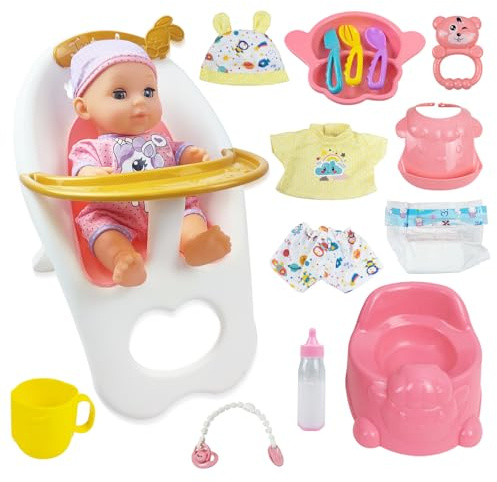 RedCrab Baby Puppe Spielset mit Puppen, 18-teiliges Baby Puppenset mit Zubehör, Puppenhochstuhl, Puppenkleidung, Flasche, Nippel, Windeln, Spielzeug Geschenk für Mädchen 3 4 5 6 Jahre