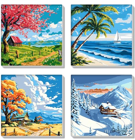 HEIBAGO Set of 4 Malen nach Zahlen für Erwachsene Mit Rahmen, DIY Landschaft Malen nach Zahlen Kits für Anfänger, Ölmalerei Kunst Handwerk Bilder für Wanddekoration, 8×8 inch