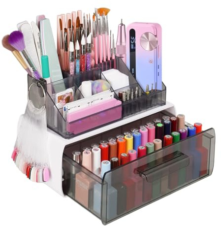 Yokilly Nail Polish Organiser Storage Box: 2 Layers Nail Tech Supplies Acrylic Organiser Stand With Drawer - 13 Holes Drill Bits Holder & 40 Holes Brushes Nail Desk Organizer Case for Manicure Tools