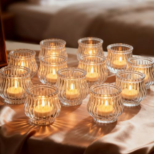 Glasseam Gerippt Teelichthalter Glas: 12er Set Klein Teelichtgläser | Blütenknospen Design, Für Teelichter, Votivkerzen, Hochzeit, Weihnachten, Tischdeko