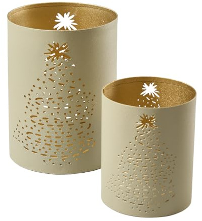 Deko Windlicht 2er Set Weihnachten - Metall Laterne Tannenbaum-Muster - Edle Weihnachtsdeko für Innen (Gold/Taupe)