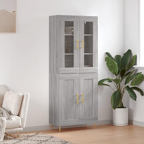 Qnhdfrt Highboard Sonoma Grau 69,5x34x180 cm Holz/Glas/Metall, Sideboard mit Stauraum, Stahlfüße