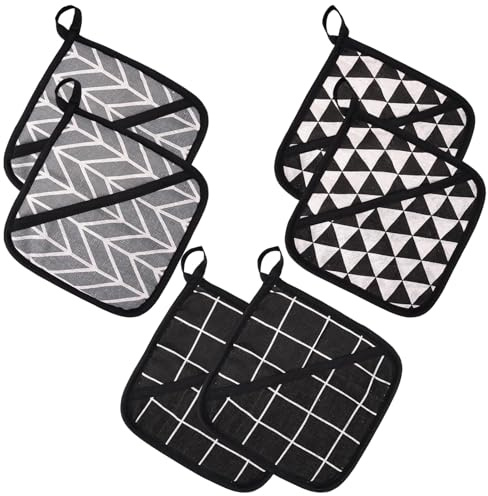 6 Pieces Kitchen Pot Holders, 18 x 18 cm Oven Square Hot Pads with Pocket | Cotton Pot Holders with Hanging Loop, Easy to Hang, Hot Pans Cotton Pot for Cooking, Baking, Kitchen Accessories(Black,Grey)