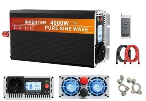 Transformateur Tension Onduleur Sinusoïdal Pur 3000 W 4000 W DC 12 V 24 V vers 220 V AC Convertisseur avec Écran LCD pour Maison Camping-Car Camion Inverter(12V,4000W)
