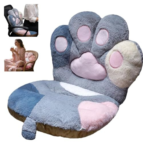 Kawaii Cat Paw Plush Pillow Soft Gaming Chair Cushion, Cute Office Seat Pad for Computer Chairs, with Lumbar Support, Cozy Floor Mat Skin Friendly Sofa Decor for Home, Bedroom Gifts (Grey -L)