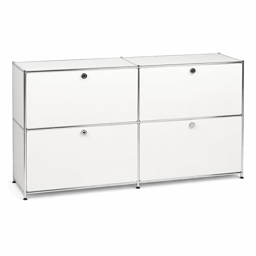 Metall Sideboard 152x82,5x40 cm Weiß mit 4 Klappen – Pulverbeschichtet Matt, Chrom Gestell & Griffe, Highboard aus Metall, Stauraum Möbel Wohnzimmer, Büro, Flur, Modernes Design, Stellfüße Praxis CN3