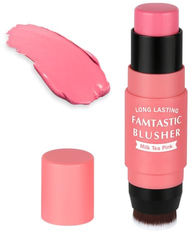 BUTBU Blush Stick 2 en 1, Fard à Joues en Stick Double Extrémité avec Pinceau Intégré, Blush Crème Haute Pigmentation Longue Durée, Stick Maquillage Polyvalent pour Joues et Lèvres(01Thé au lait rose)