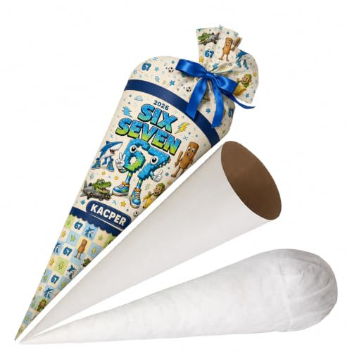 Schultüte Jungen Six Seven 67 Blau mit Namen für Junge Personalisierte Tüte 70 cm Zuckertüte aus Stoff mit runde Papprohling und Füllung aus Silikonkügelchen große Tüte als Kissen
