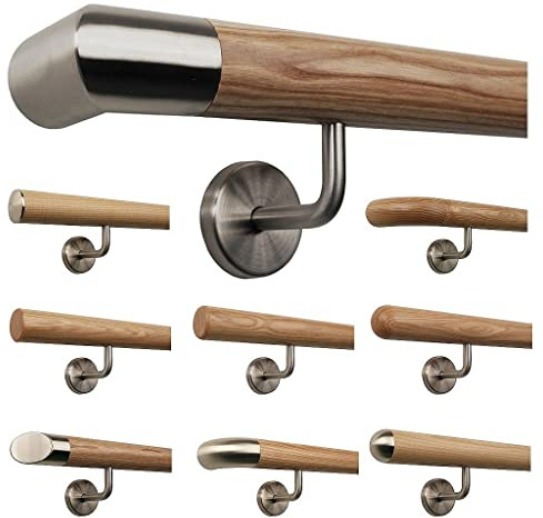 TIBU Esche Holz Handlauf Geländer 0,3m - 6m, Länge 280 cm, Ende Edelstahlecke und 4 gewinkelte Halter