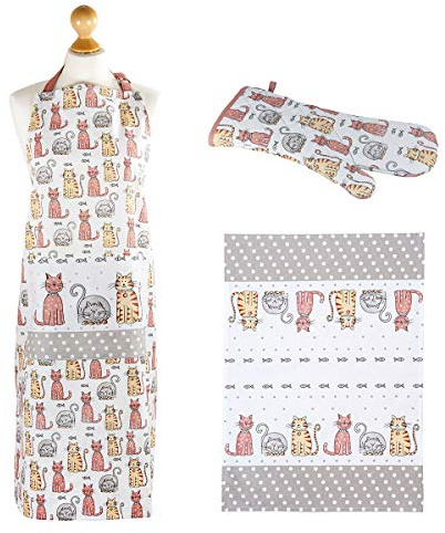 Cat Apron and Oven Glove Set with Matching Tea Towel, Set of 3 Kitchen Gifts for Women Cat Lovers
