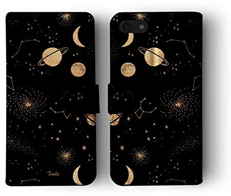 Tirita Wallet Leather Flip Phone Case Compatible with iPhone 11 PRINTED GLITTER, NOT REAL GLITTER Space Stars Moon Planets Black Copper Galaxy