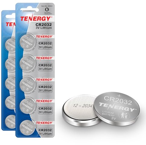 Tenergy 3V CR2032 Batteries, Lithium Button Coin Cell 2032 Battery, Compatible with AirTags, Key FOBs, Calculators, Coin Counters, Watches, Heart Rate Monitors, Glucometer, and More, 10 Count