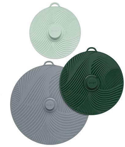 Goodful Universal Silicone Lids for Pots and Pans, Heat Safe, Reusable Suction Seal Covers for Bowls, Pots, Cups- Food Grade, Dishwasher Safe, 3 Piece, Gray, Green and Sage