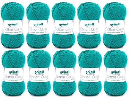 Gründl Wolle Cotton Quick uni - dünne Wolle zum Häkeln - Strickgarn - Häkelgarn - Glänzend und hautfreundlich - 100 % Baumwolle - 10 Knäuel 50 g / 125 m - Nadelstärke 3 - 4 - Smaragdgrün