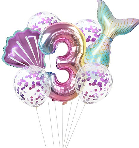Haosell Meerjungfrau Großes Luftballon 3 Jahr Kindergeburtstag Deko Mädchen Bunt Meerjungfrau Ballon - 1x XXL Meerjungfrau Ballon+Zahl 3 Zahlen-Ballon +1 Schale Ballon + 4 x Konfetti-Ballon