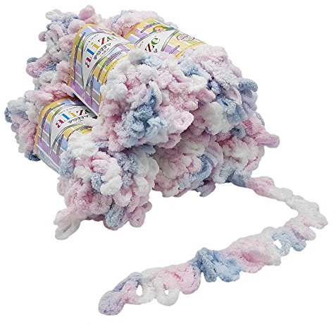 5 x 100 Gramm Strickwolle Alize Puffy Color, 500 Gramm Fingerstrick - Wolle mehrfarbig super bulky, Schlaufenwolle, Stricken ohne Nadel (weiss rosa blau 5864)