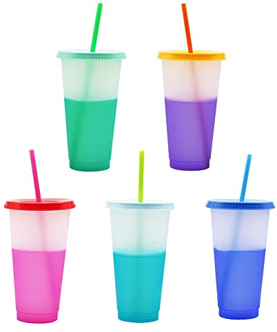 URMAGIC 5 Color Changing Cups with Lids and Straws, 5 Pcs 720ml Reusable Plastic Tumblers,Party Drinking Cup for Kids/Adults,Cold Drink Cups,Smoothie Cups,Party Cups,Coffee Cup