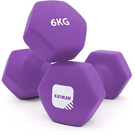 KAYMAN Neoprene Dumbbell Pair with Anti-Slip Grip, Hex Edges, Water-Resistant Surface & Free Workout Poster Guide - Weight Set for Home, Gym & Fitness Training Equipment - Unisex (6kg - Purple)