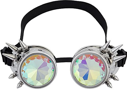 OMGREAT Kaleidoskopbrille für Raves, Steampunk-Brille mit Regenbogenprismen-Beugungskristalllinsen, Silber (Stacheln), Einheitsgröße