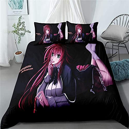 High School DxD Rias Gremory Anime Bettwäsche-Sets Cartoon 3D-gedrucktes Polyestergewebe 1 Bettbezug + 2 Kissenbezüge (keine Bettdecke)