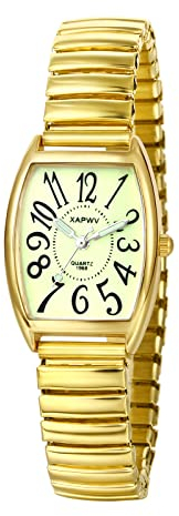 JewelryWe Uhren Damen Analog Quarz Armbanduhr Klassisch Rechteckig Elastisch Legierung Armband Beiläufige Uhr Damenuhr mit grünem großen Digital Zifferblatt Gold