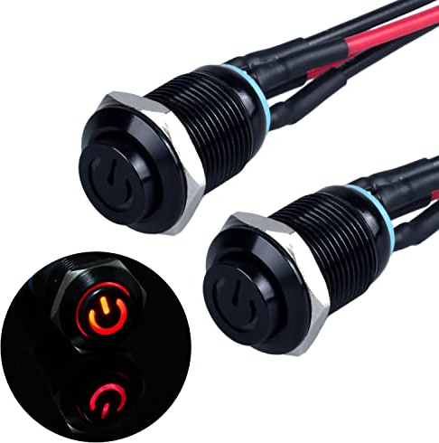 JIQI 2× 12mm Momentane wasserdichte Druckschalter 12V bis 24V 2A IP66 Taster mit LED Beleuchtung Schwarzes Metallgehäuse Momentary Drucktaster mit Verbindungsverdrähten für DIY Auto(hoher Kopf,Rot)