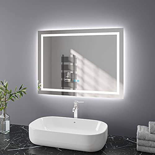 Finmrys Badspiegel mit Beleuchtung 90x60 cm LED Spiegel Bad mit Touch-Schalter Beschlagfrei Badezimmerspiegel Dimmbar Beleuchtet Kaltweiß Warmweiß Horizontal Vertikal(35.43x23.62 Inch)