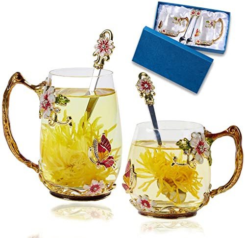 DUMVOIN Tea Cup Glass Coffee Mugs,Fancy Tea Cup Set Birthday Christmas Valentine's Day Gift Idea for Tea Lover and Women Novelty Coffee Mugs Rose Flower Enamel Tea Cup Glass Mug with Spoon