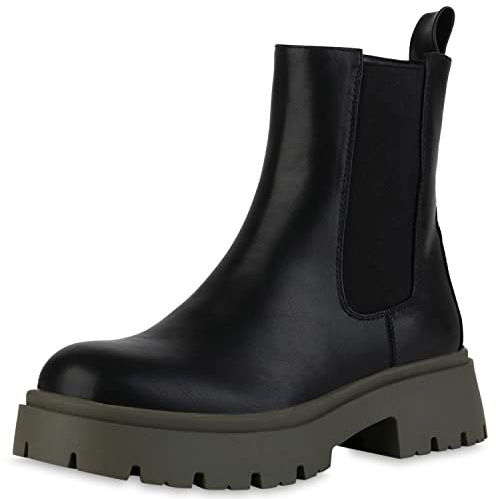 VAN HILL Damen Plateau Boots Stiefeletten Profilsohle Schuhe Blockabsatz Plateauschuhe Freizeit Booties 211965 Schwarz Olivgrün 37