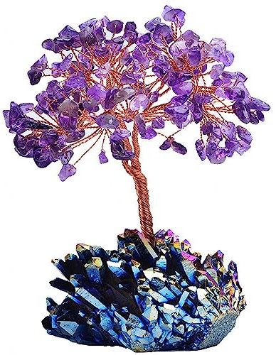 YEDECOR Arbre de Vie en Cristal d'améthyste et Base de grappe en Titane Arc-en-Ciel, Arbre de Pierres précieuses Chakra Fait à la Main, Décorations de spécimen de grappe de Cristal,160g