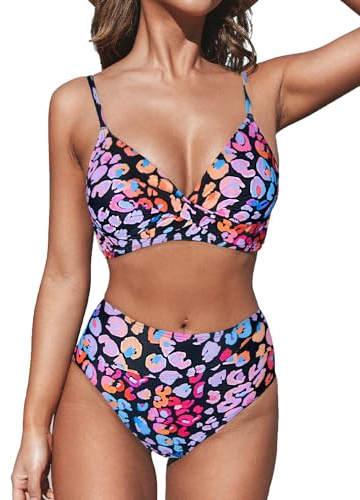 CUPSHE Women's Twist Front High Waisted Bikini Set V Neck Padded Two Pieces Bathing Suits Swimsuits Pink Leopard XS