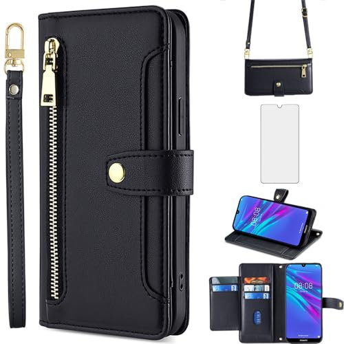 Asuwish Phone Case for Huawei Y6 2019/Y6 Prime 2019/Y6s/Honor Play 8A/Honor8A Wallet Cover with Screen Protector and Leather Zipper Card Holder Slot Kickstand Accessories Hawaii 6Y Pro Women Men Black