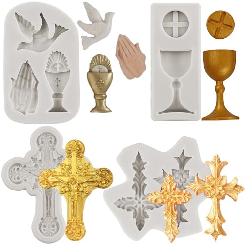 MINFEIDMS Cross Silicone Molds Chalice Peace Dove Fondant Molds Baptism Cake Mold For Cake Decorating Cupcake Topper Candy Chocolate Gum Paste Polymer Clay Set Of 4