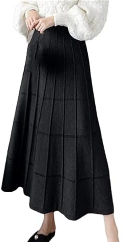 REHJJDFD Damen Solide A-Linie Strickröcke Herbst Winter Knöchellang Plissee Casual Langer Rock, Schwarz , Einheitsgröße