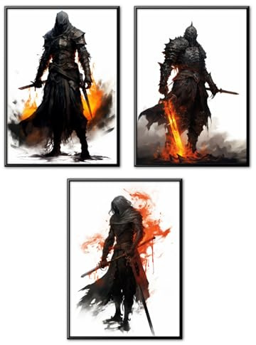MJ-Graphics - 3er Posterset Schreckensritter - Dark Fantasy Mittelalter Schattenkrieger, Assasine, Krieger Bilder | Wandbild Din A2 in Galerie Qualität dickes Posterpapier - ohne Bilderrahmen
