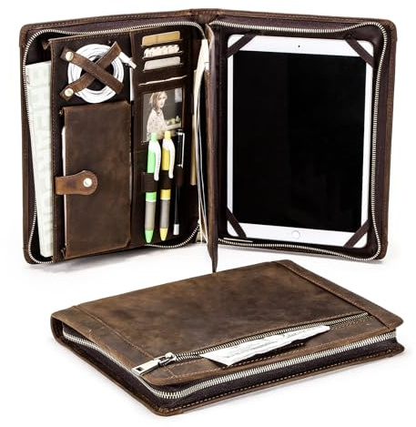 CONTACT'S FAMILY Zipped Portfolio Folder, Leather Padfolio Case for 10.5/9.7 Inch Tablet, Professional Conference Folder, Personal Work Organiser, Business Travel Document Holder