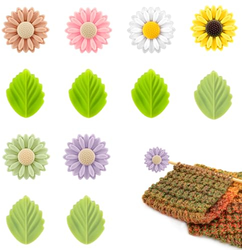 12 Stück Maschenstopper für Stricknadeln, Bunt Niedlich Blume Blatt Stricknadel Schutz Silikon Strickspitzen-Nadelkappen Maschenstopper für Häkeln Stricken Heimwerken Zubehör