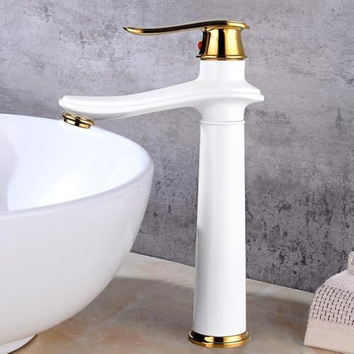 ZYCDP Robinet de Salle de Bain Lavabo Mitigeur Lavabo Blanc et Or Mitigeur Salle de Bain en Laiton Monocommande Chaude et Froide, Haut