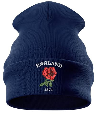 Purple Print House Embroidered England 1871 Beanie Hat Men Women Rugby English Rose Supporters Nations Winter, One Size, Navy