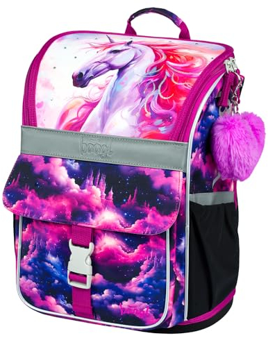 Baagl Schulranzen Mädchen für 1. Klasse - Ergonomische Schultasche für Kinder - Schulrucksack mit Brustgurt - Grundschule Ranzen Tornister (Königliches Einhorn)