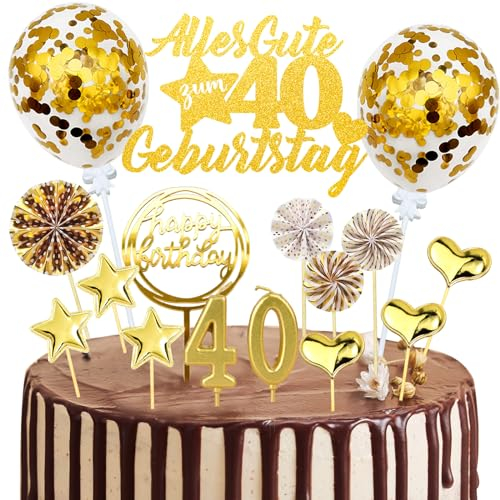 Tortendeko 40 Geburtstag Männer Frauen, 20 Stück Gold Kuchendeko Cake Topper 40. Geburtstag Deko, Glitzer Alles Gute zum 40 Geburtstag mit Geburtstagskerzen Konfetti Luftballons Papierfächer