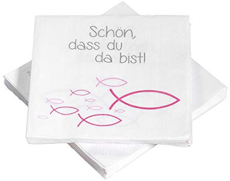 40 Servietten Fische Ichthys 'Schön, dass du da bist!' 33x33 cm - pink - für Kommunion, Taufe oder andere festliche Anlässe