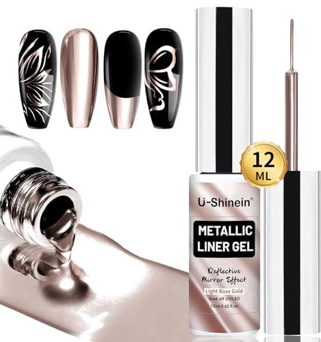 U-Shinein Gel de Pintura Metálica, Esmalte de Uñas 3D Efecto Espejo, Dibujo Pintado, Construcción en Pincel Fino para Salón de Belleza Casero, Oro Rosa Claro